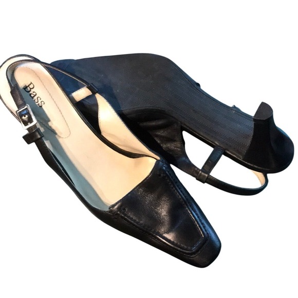 Bass Womens Black Leather Square Toe Slingback Kitten Heels Pumps - Picture 3 of 5
